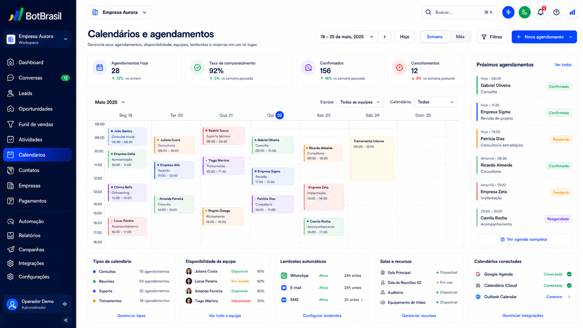Calendário de agendamento online da BotBrasil com horários disponíveis e confirmação automática — BotBrasil para seguros