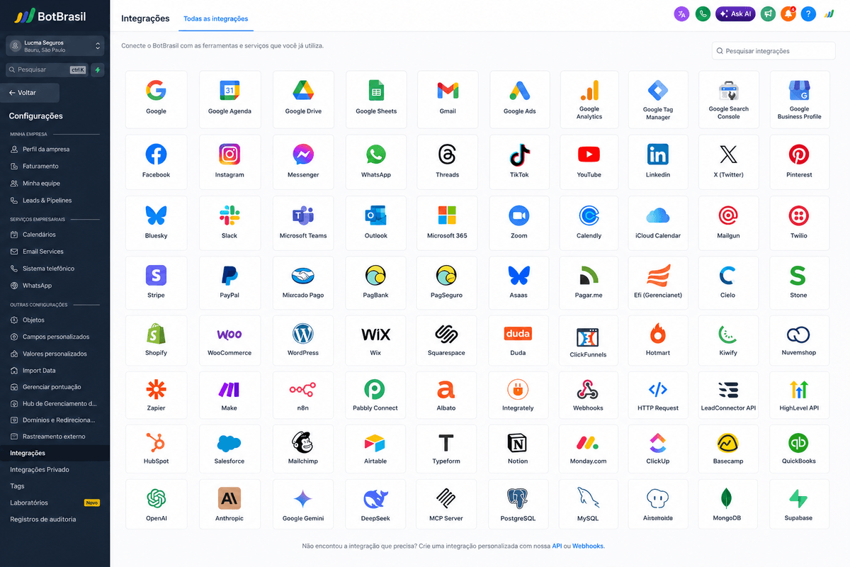 Integrações nativas via API com CRMs, ERPs e marketplaces — BotBrasil para seguros