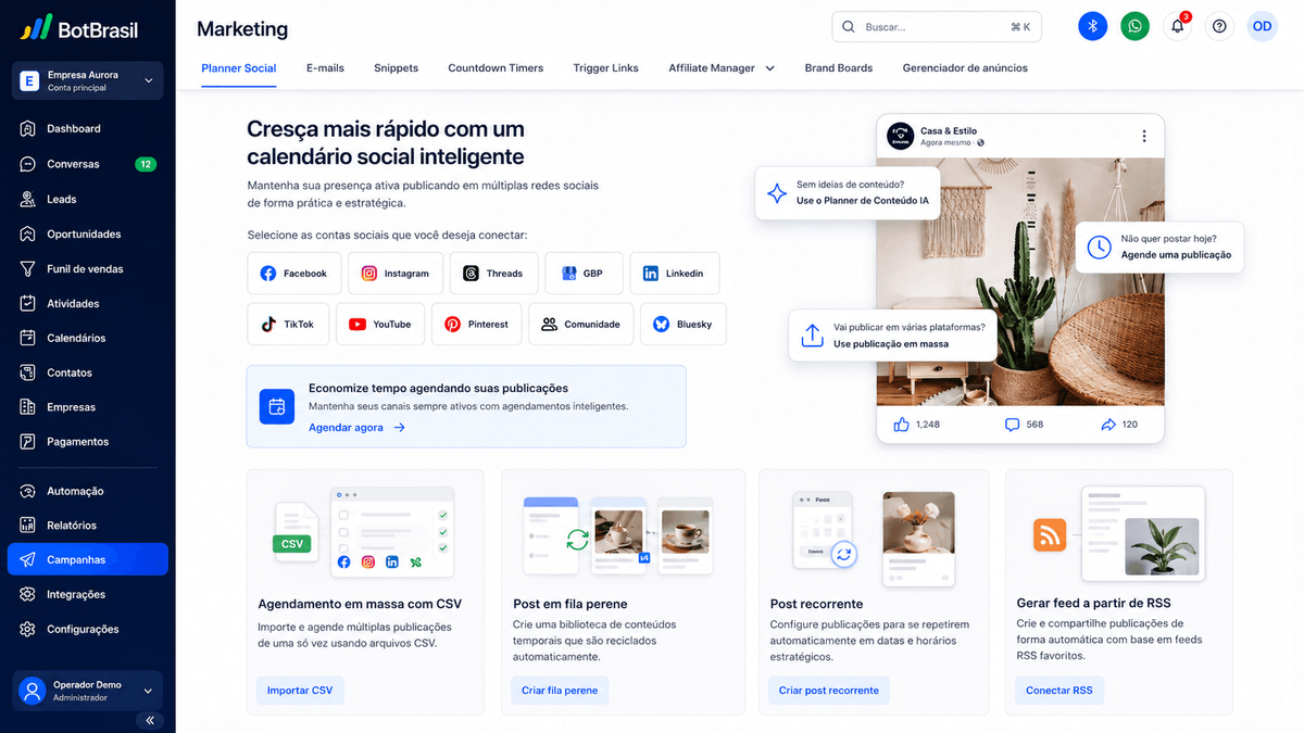 Painel de marketing da BotBrasil com gestão de redes sociais, campanhas e relatórios de conversão — BotBrasil para seguros