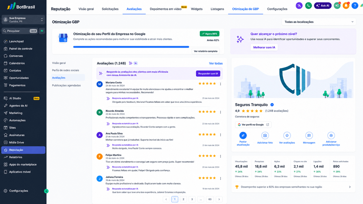 Painel de reputação online da BotBrasil com avaliações do Google, NPS e respostas automáticas — BotBrasil para seguros
